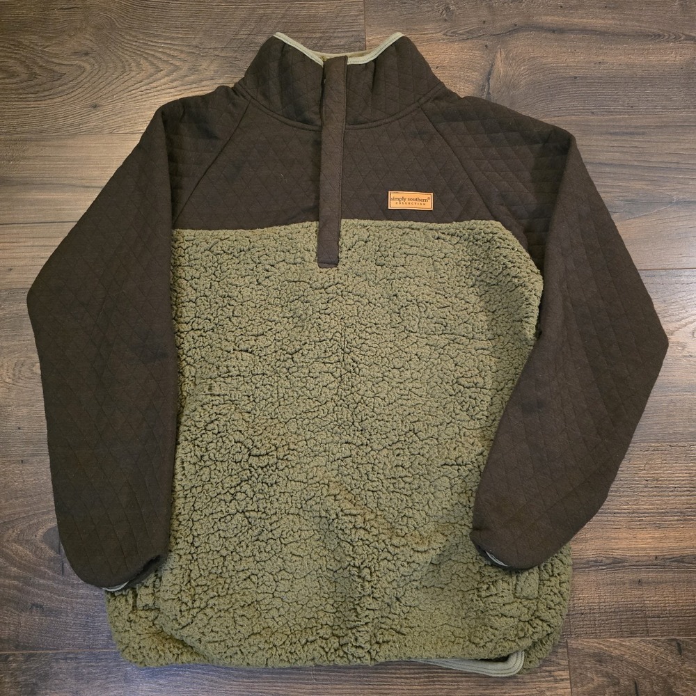 SIMPLY SOUTHERN Quilted‎ Sherpa Snap Pullover Sweatshirt M Olive Green Brown